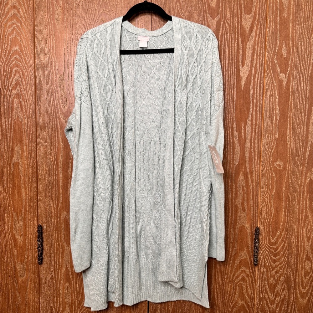 Chicos Cable Stitch Cardigan Sweater Iced Sage Green Wool Cashmere Size 3 XL NEW